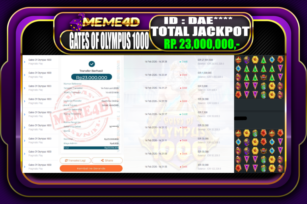 Bukti Jp MEME4D Slot Online 14 February 2026