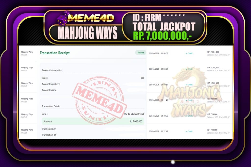 Bukti Jp MEME4D Slot Online 07 February 2026