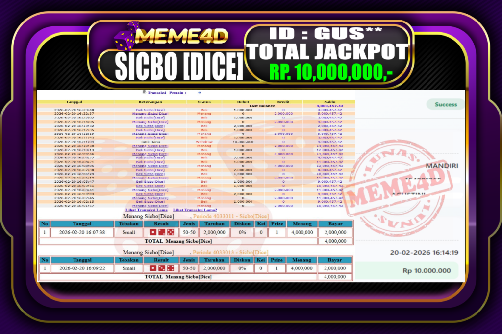 Bukti Jp MEME4D Casino Online 20 February 2026