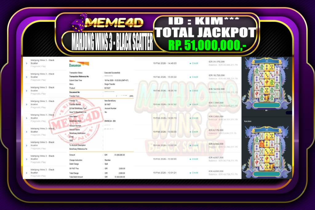 Bukti Jp MEME4D Slot Online 19 February 2026