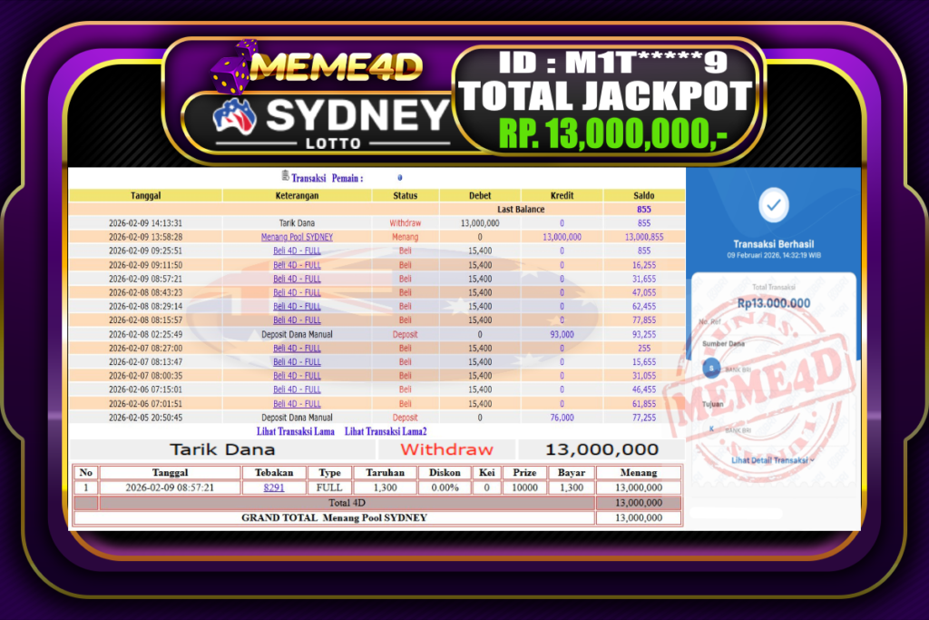 Bukti Jp MEME4D Togel Online 09 February 2026