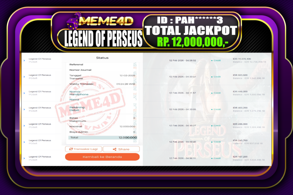 Bukti Jp MEME4D Slot Online 12 February 2026