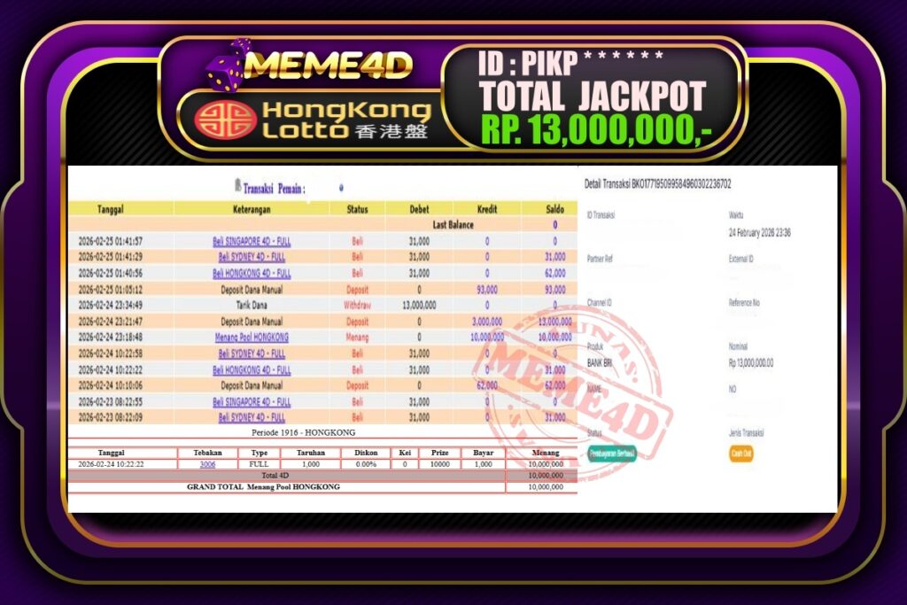 Bukti Jp MEME4D Togel Online 25 February 2026