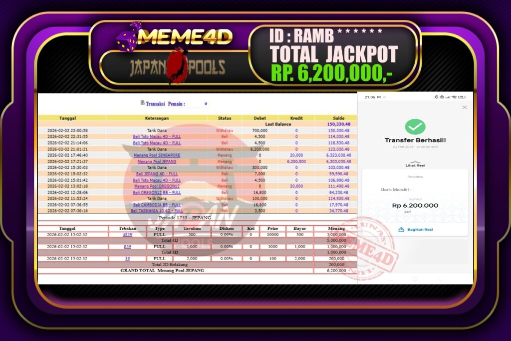 Bukti Jp MEME4D Togel Online 03 February 2026