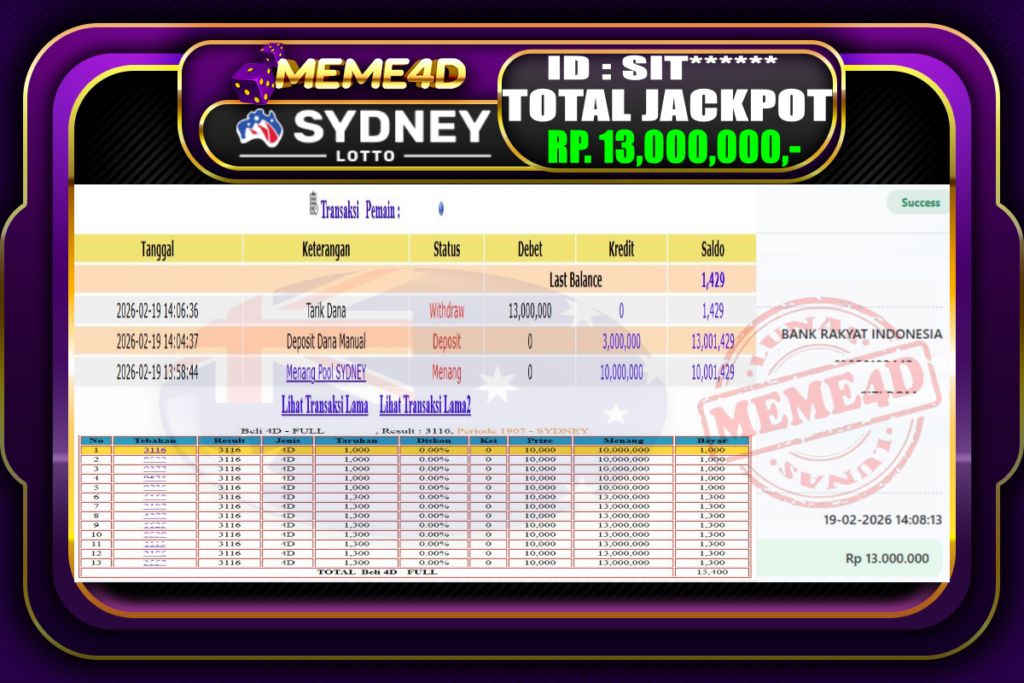 Bukti Jp MEME4D Togel Online 19 February 2026