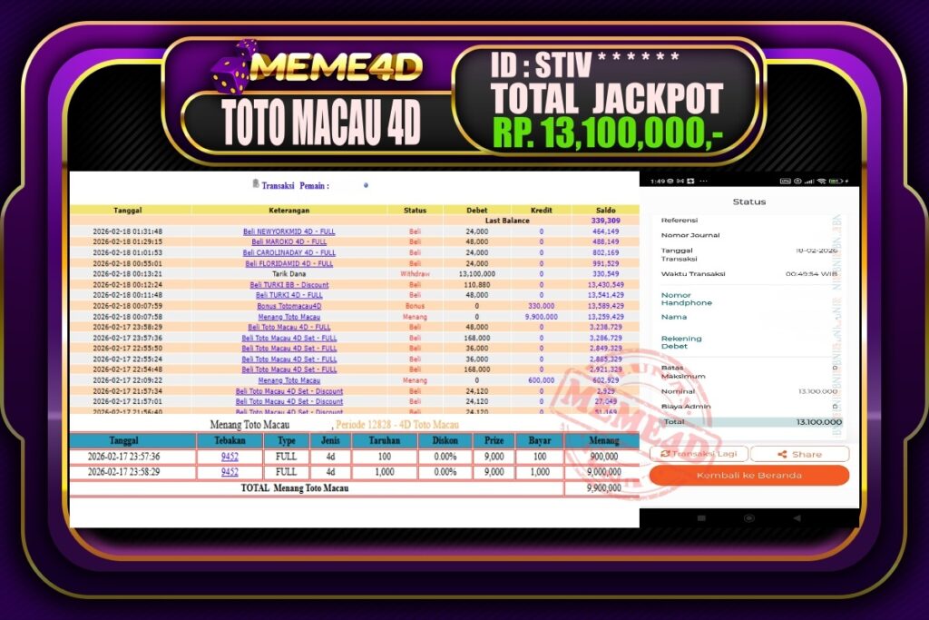 Bukti Jp MEME4D Togel Online 18 February 2026