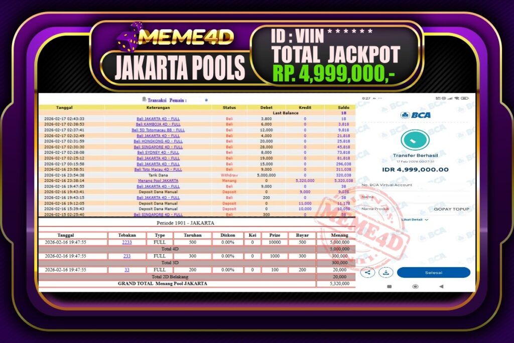 Bukti Jp MEME4D Togel Online 17 February 2026