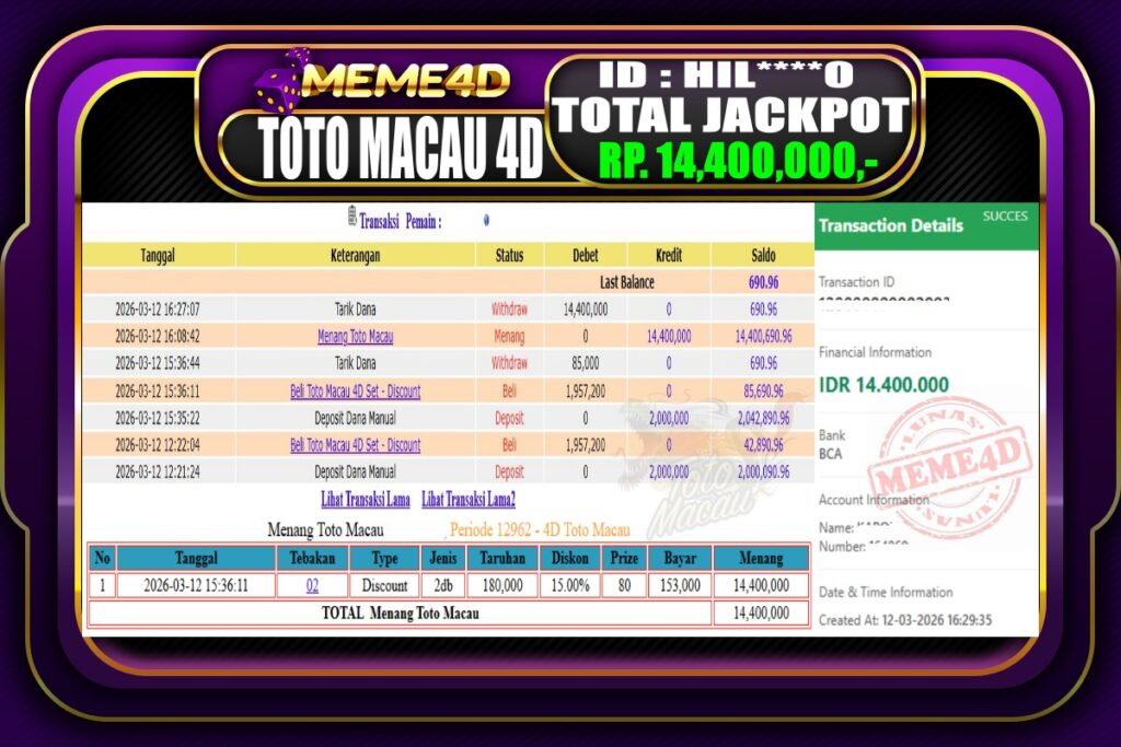 Bukti Jp MEME4D Togel Online 12 March 2026