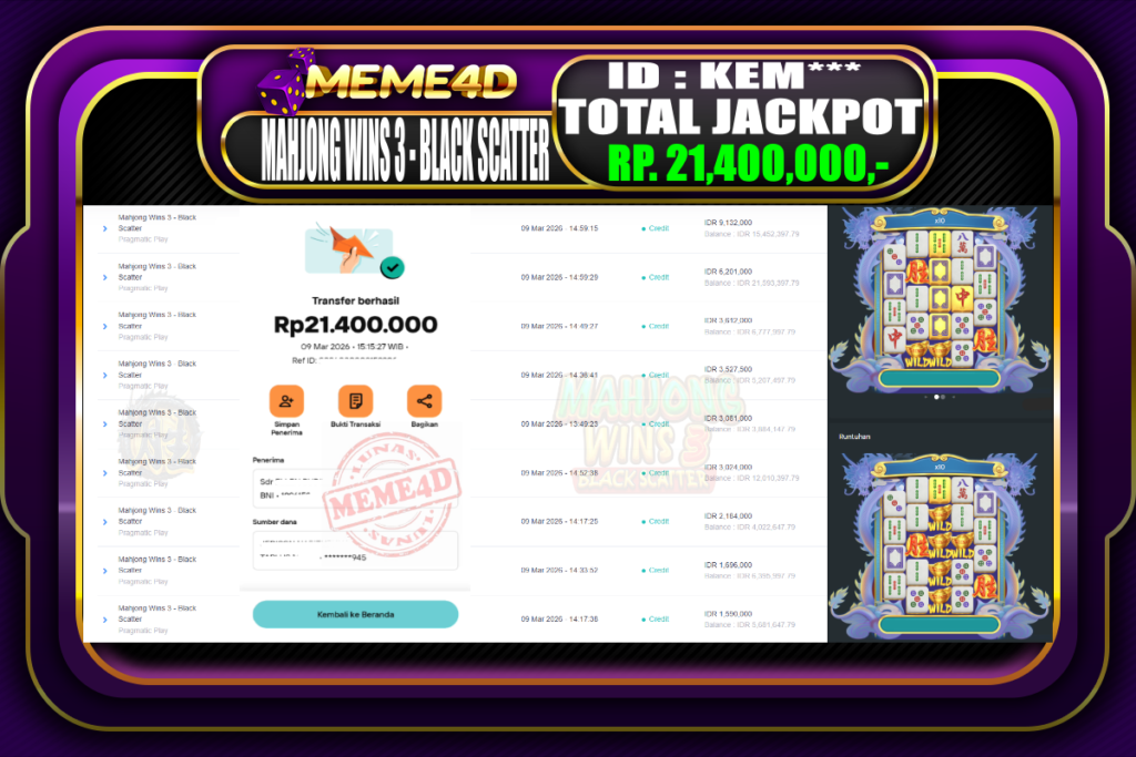 Bukti Jp MEME4D Slot Online 09 March 2026