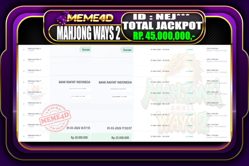 Bukti Jp MEME4D Slot Online 01 March 2026