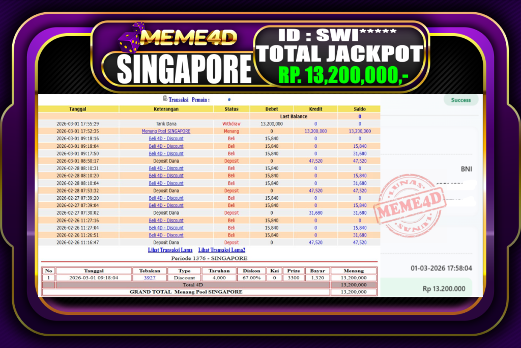 Bukti Jp MEME4D Togel Online 01 March 2026