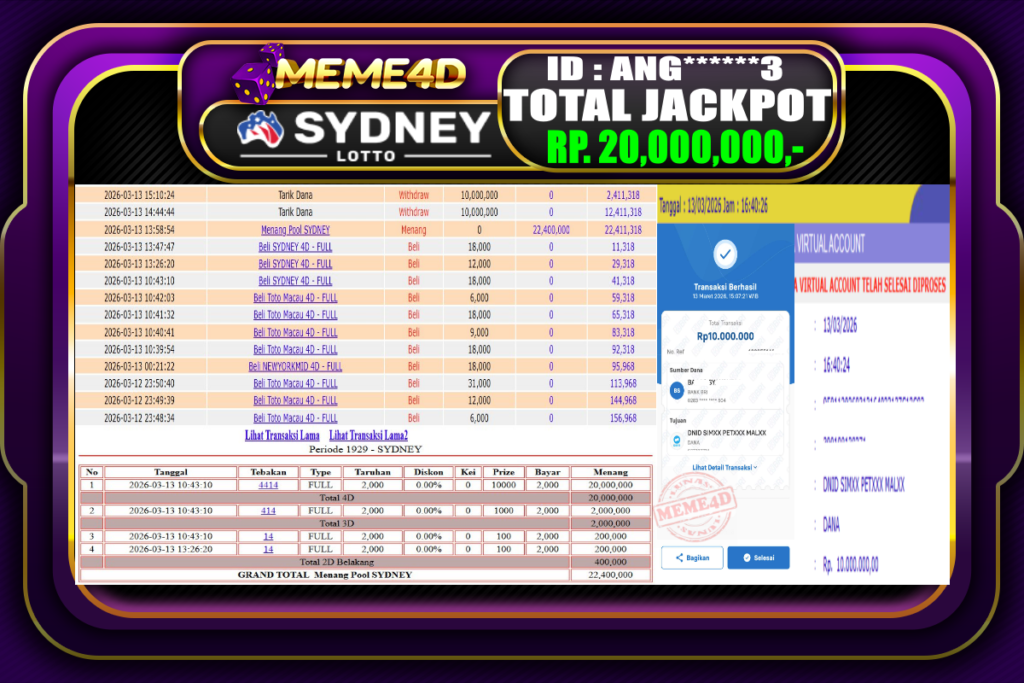 Bukti Jp MEME4D Togel Online 13 March 2026