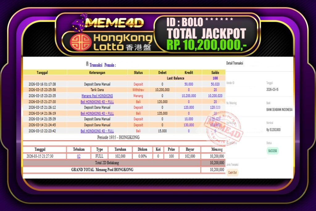 Bukti Jp MEME4D Togel Online 16 March 2026