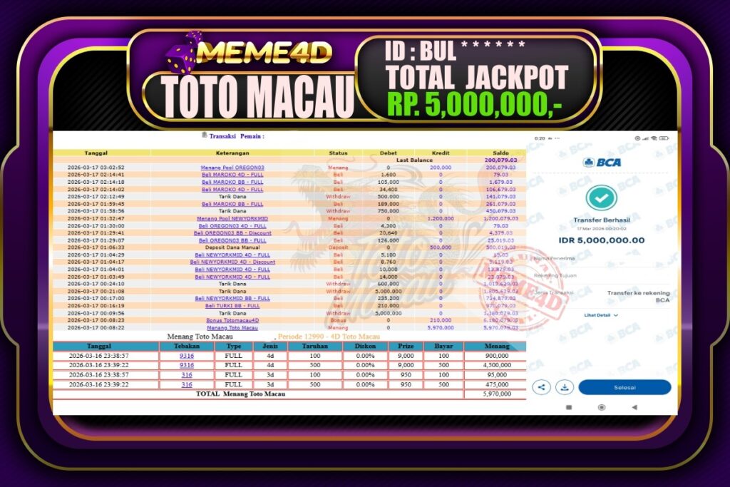 Bukti Jp MEME4D Togel Online 17 March 2026