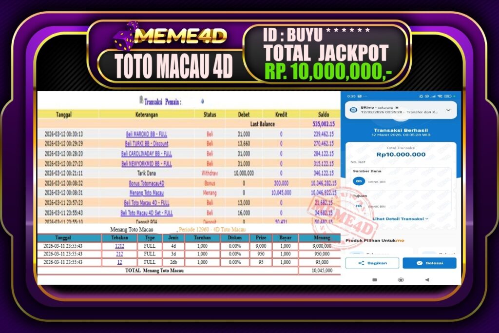 Bukti Jp MEME4D Togel Online 12 March 2026