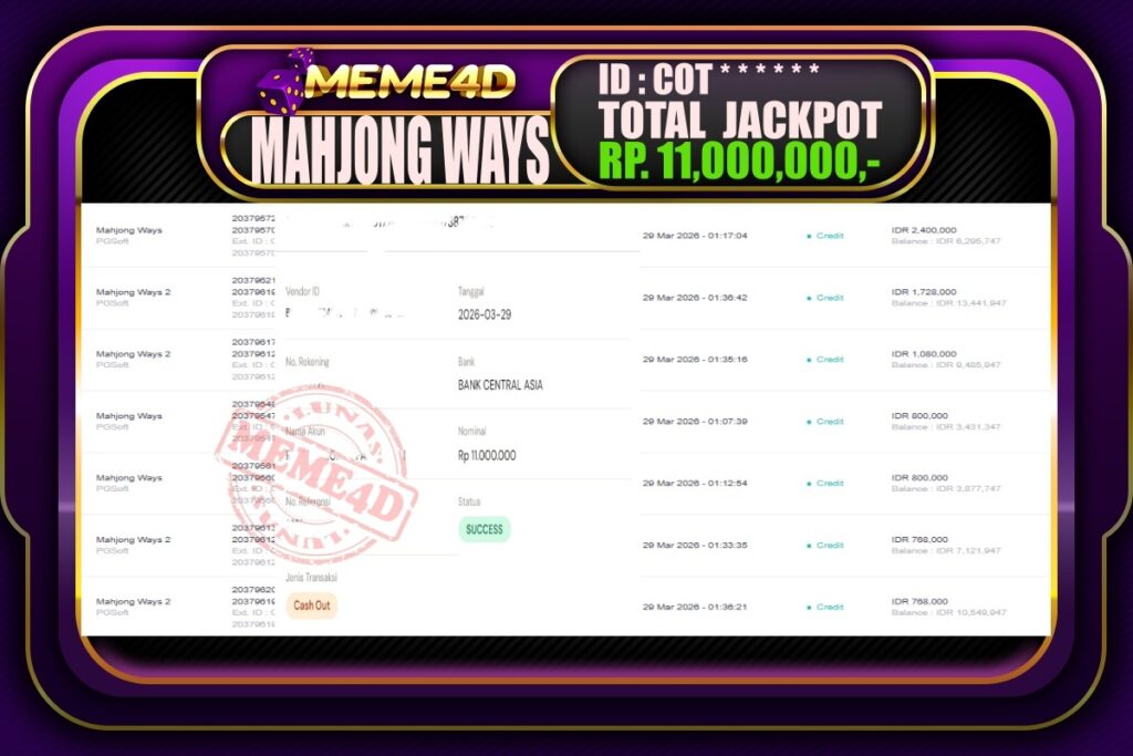 Bukti Jp MEME4D Slot Online 29 March 2026