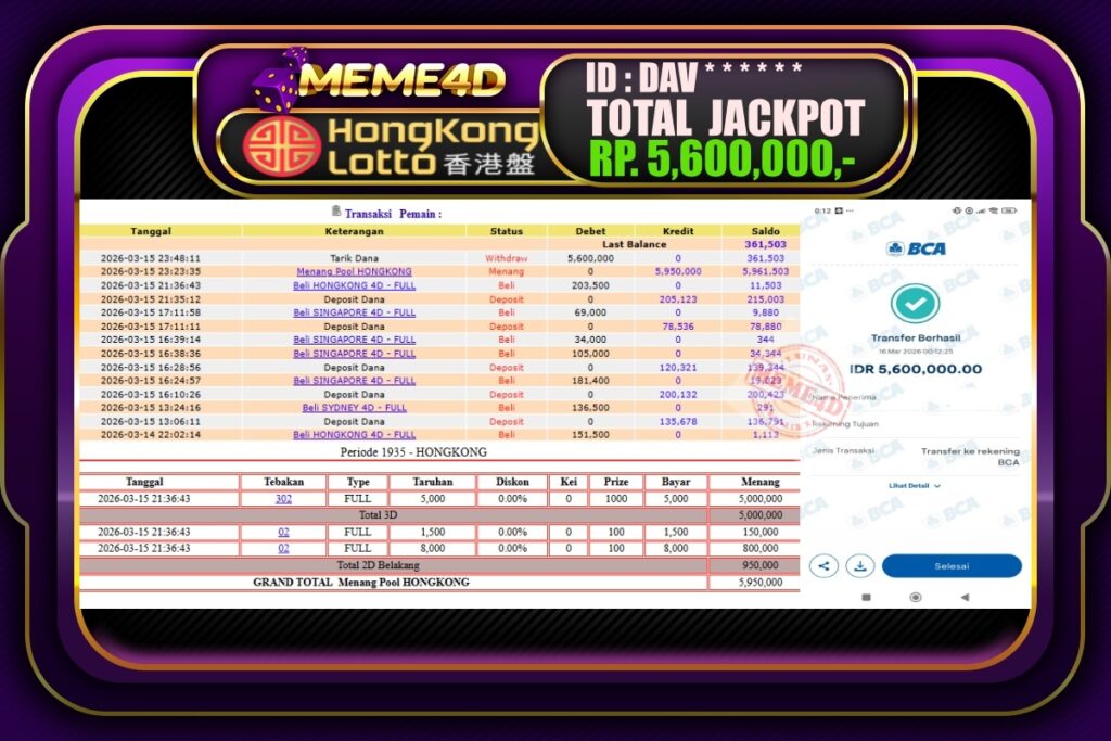 Bukti Jp MEME4D Togel Online 16 March 2026
