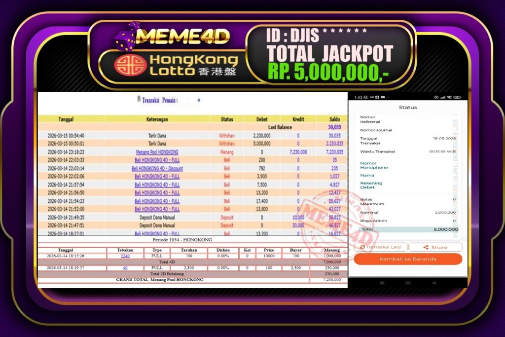 Bukti Jp MEME4D Togel Online 15 March 2026