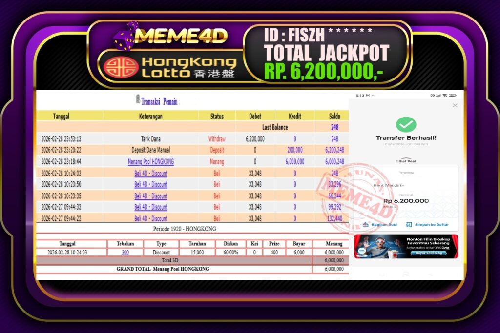 Bukti Jp MEME4D Togel Online 01 March 2026
