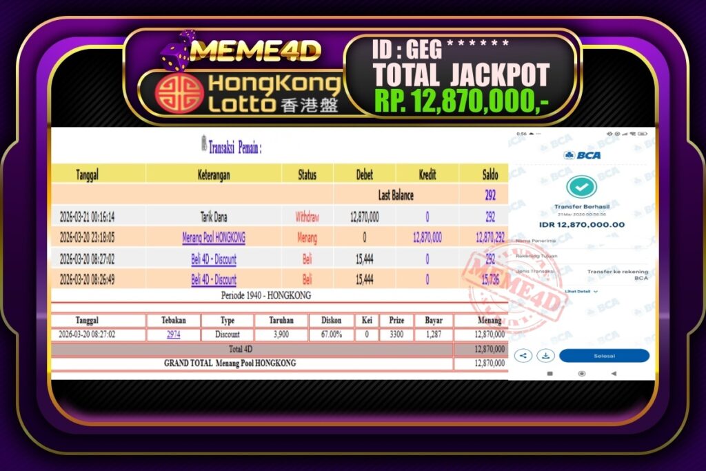 Bukti Jp MEME4D Togel Online 21 March 2026