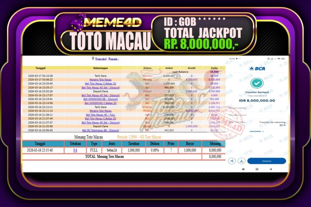 Bukti Jp MEME4D Togel Online 17 March 2026