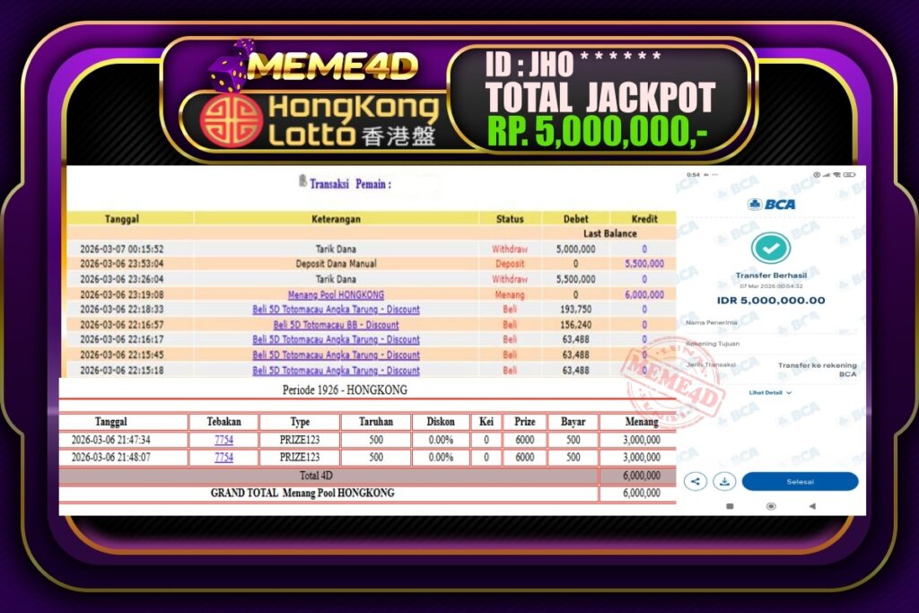 Bukti Jp MEME4D Togel Online 07 March 2026
