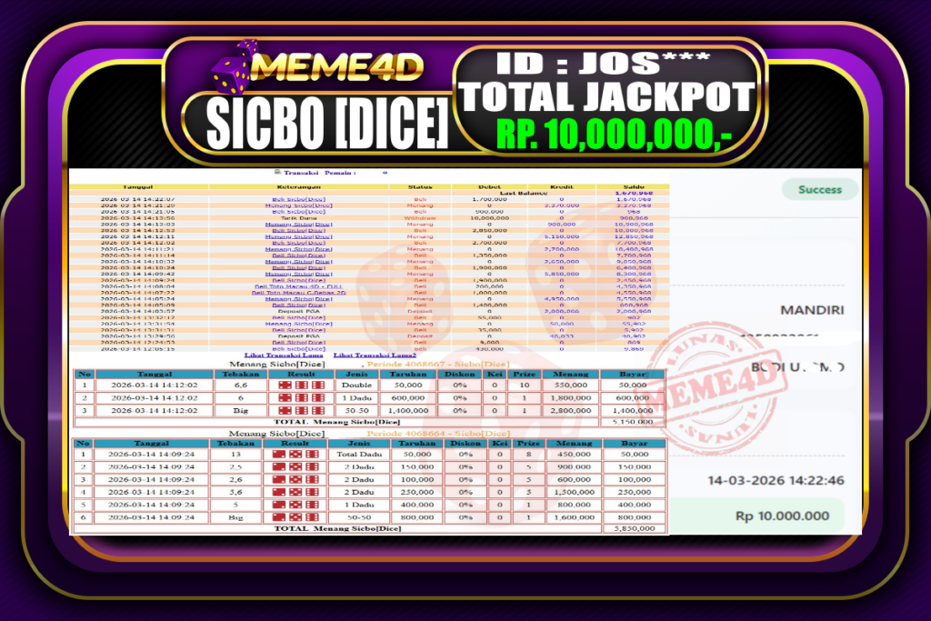 Bukti Jp MEME4D Casino Online 14 March 2026