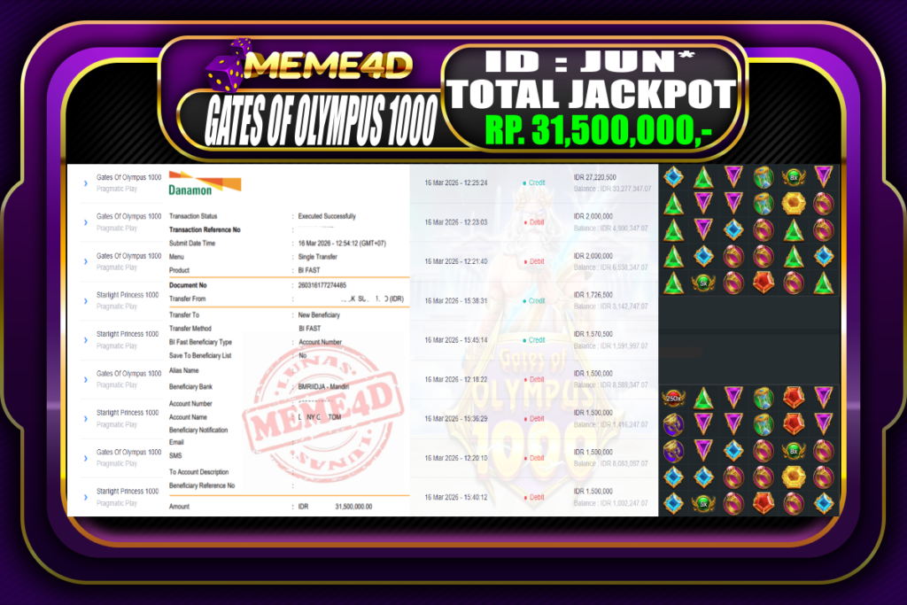 Bukti Jp MEME4D Slot Online 16 March 2026