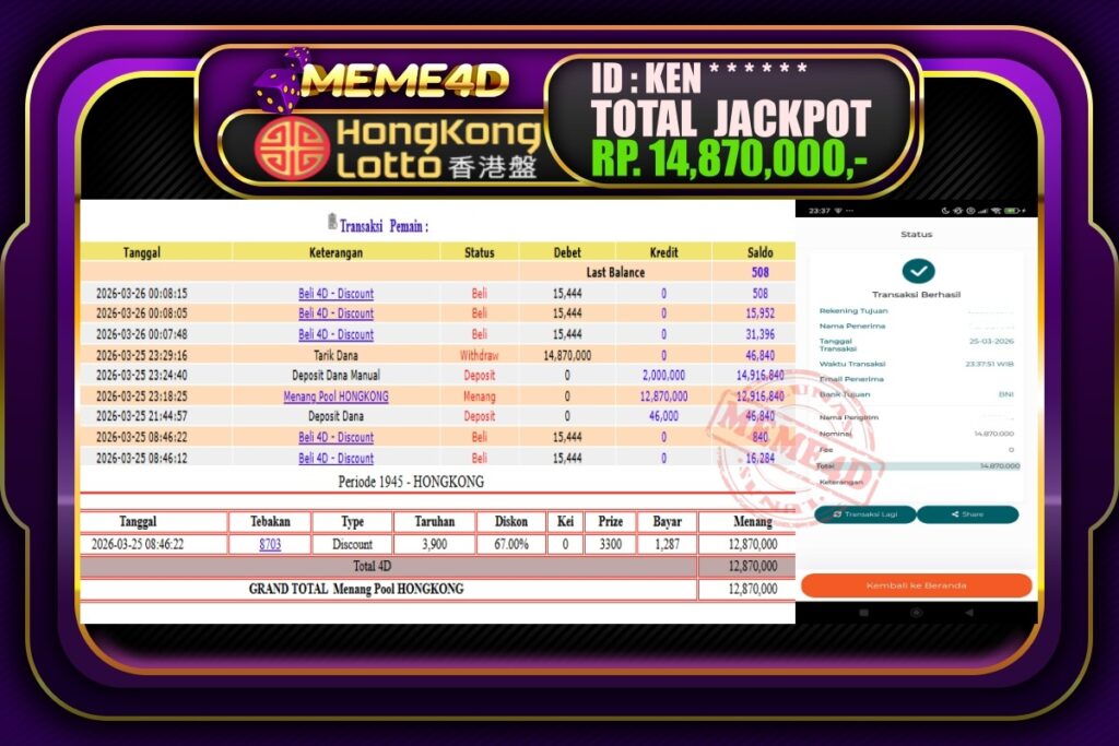 Bukti Jp MEME4D Togel Online 26 March 2026