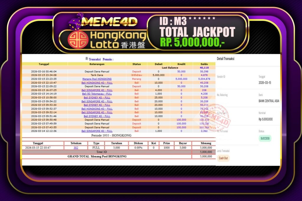 Bukti Jp MEME4D Togel Online 16 March 2026