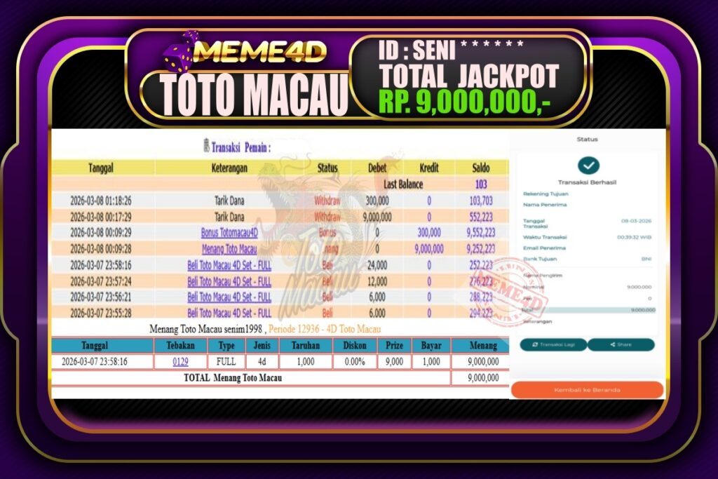 Bukti Jp MEME4D Togel Online 08 March 2026