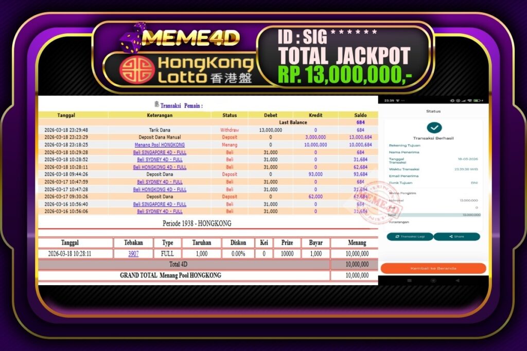 Bukti Jp MEME4D Togel Online 19 March 2026