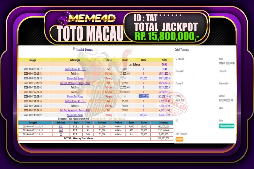 Bukti Jp MEME4D Togel Online 08 March 2026