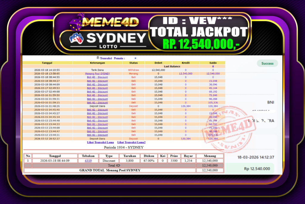 Bukti Jp MEME4D Togel Online 18 March 2026