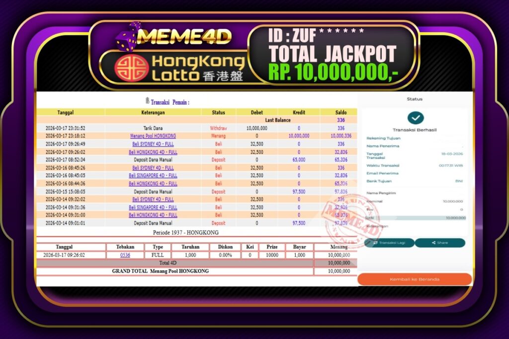 Bukti Jp MEME4D Togel Online 18 March 2026