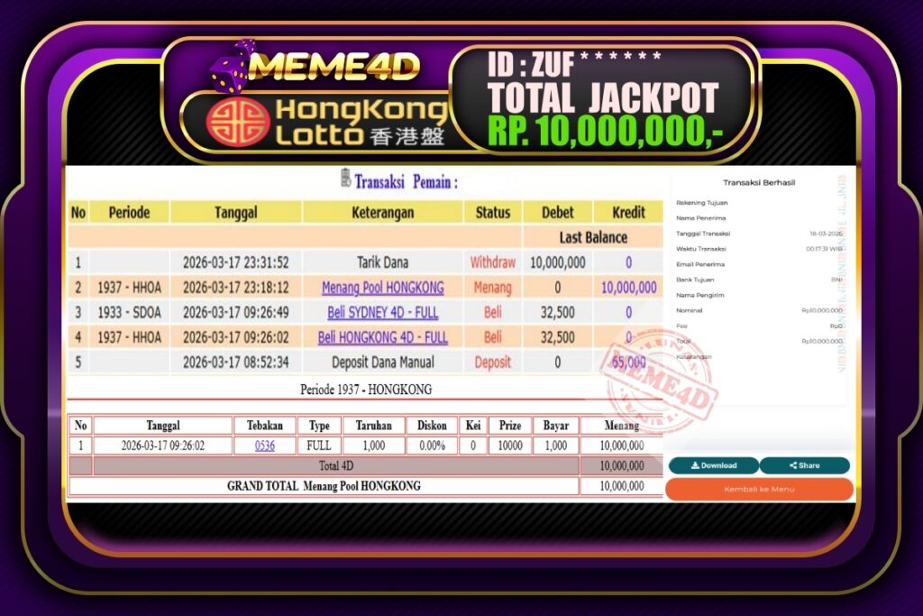 Bukti Jp MEME4D Togel Online 18 March 2026