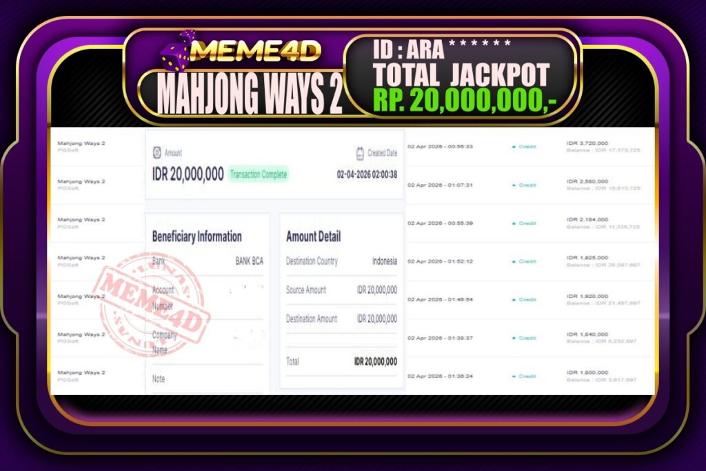 Bukti Jp MEME4D Slot Online 02 April 2026