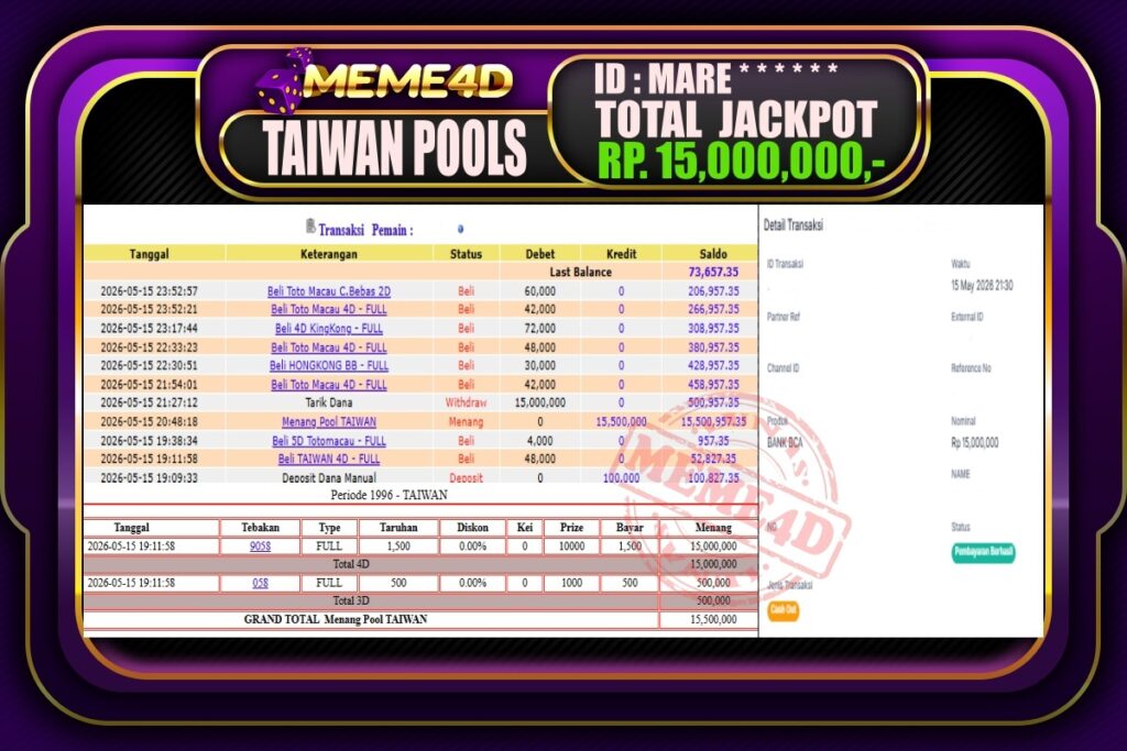 Bukti Jp MEME4D Togel Online 16 Mei 2026